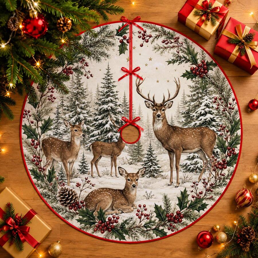 1pc Reindeer Pattern Christmas Tree Skirt, Elegant Color Holiday Decor, 5 Sizes, Unisex Holiday Gift, Suitable For Home And Party Christmas Home Decoration - Moose - View 1