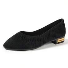 Women's Breathable Knitted Hollow-Out Solid Color Pointed Toe Shallow Vamp Flat Slip-On Shoes, Minimalist Style Spring Summer Commute Soft Sole Knit Shoes - Black - View 13