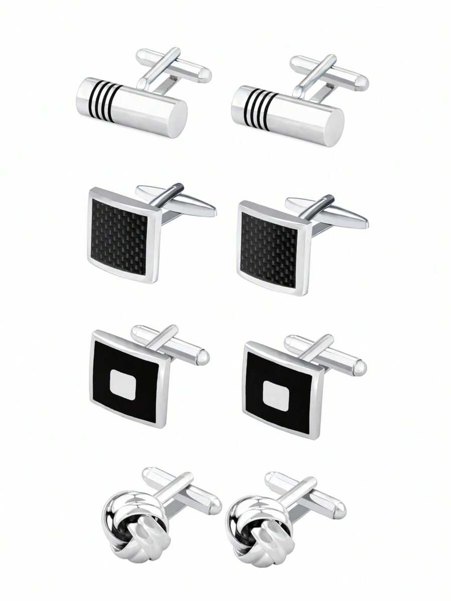 1/4 Pair Men's Classic Tone Cufflinks, Silver Black Striped Round/Square/Rectangular Cufflinks, Shirt Suit Cufflinks For Men - Silver Black - View 1