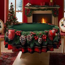 Round Christmas Tablecloth Dark Green Pine Branch Pinecone Red Berry Ball Ornament Border Decorative Washable Holiday Dining Table Cover For Xmas Party Winter Kitchen Home Table Decor - A - View 4