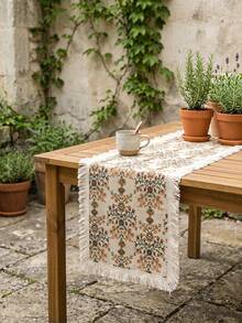 1pc Golden Sunflower Pattern Table Runner, Vintage Country Style Woven Fabric, Long Rectangular Shape With White Tassel Edge Detail, Decorative Functional Table Runner For Autumn Dining Table Decor And Country Home Decor - Yellow - View 8