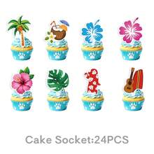 Vibrant Paper Hawaiian Tropical Cake Topper Set, Summer Beach Floral Palm Tree Ukulele Print Multi‑Color Irregular Picks For Luau Kids Birthday Party Cake Decor Supplies - View 6
