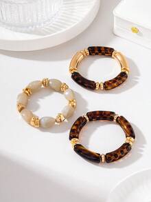 3pcs Pink Resin Bead Bracelet Set - Women's Stackable Gold Asymmetrical Leopard Print Elastic Bracelets, Bohemian Layered Jewelry Gift - Multi-color Leopard Print - View 3