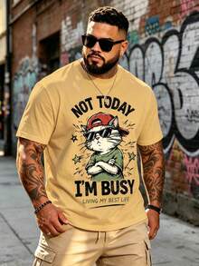 Plus Size Men's Mustard Yellow Cat Graphic English Print Short Sleeve T-Shirt, Streetwear Loose Casual Plus Size Top - Ginger - View 1