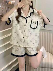 2pcs Women Pajama Set, Bow Print Short Sleeve And Shorts, Casual Comfortable Fashion, Suitable For Spring/Summer Home Wear - Champagne - View 9