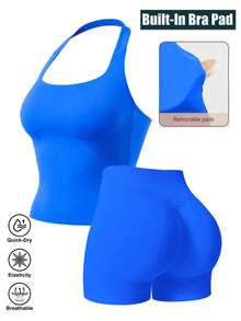 Set Fitness Wanita 2 Potong, Tank Top Backless, Celana Pendek Ketat Seamless Pinggang Tinggi, Set Yoga Olahraga - Biru - View 11
