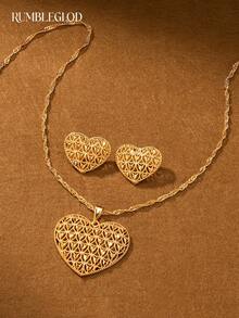 3pcs Luxury Exquisite Shiny Small Heart Necklace & Earrings Set, 18K Gold Plated, Suitable For Women, Girls, Wedding, Party, Daily Wear - Gold - View 2