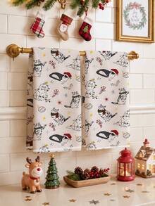 2pcs Christmas Cartoon Cat & Holly Berry Pattern Kitchen Towels, Soft Polyester Dish Cloths, Suitable For Kitchen Decor, Kitchen Cleaning, Holiday Party Decoration, Kitchen & Bathroom Supplies, Home Essentials, Home Decor, Housewarming Gift - Multicolor - View 2