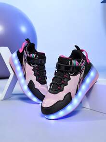 BLSART 1 Pair Kids 2-In-1 Four-Wheel LED Light-Up Roller Skates, USB Rechargeable Adjustable Outdoor Skates, Birthday Gift For Boys And Girls - Black and Pink - View 3