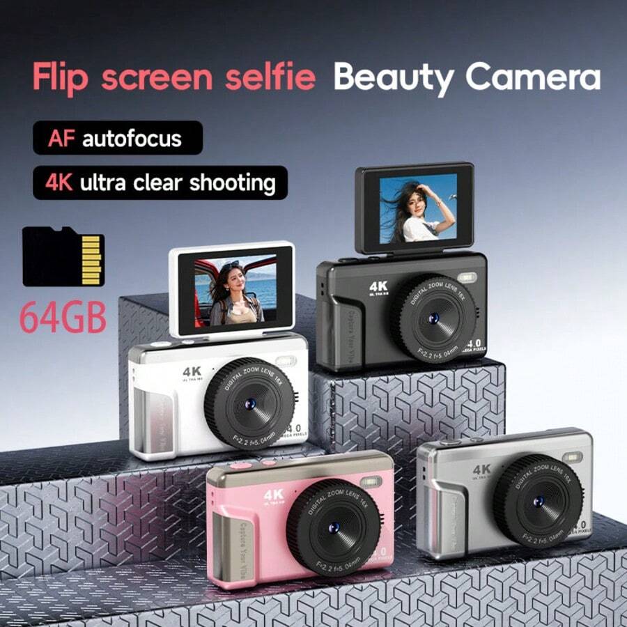 4K HD Digital Camera With 64GB/180° Flip Screen/64MP/16x Zoom Lens/AF Auto Focus/Built-In LED Flash/Multiple Filters - View 1