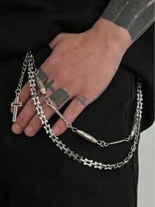 1pc Men's Pants Chain, Silver Metal, Bullet Head Cross Chain, Hip-Hop Personalized Accessory Suitable For Daily Streetwear - Silver - View 2