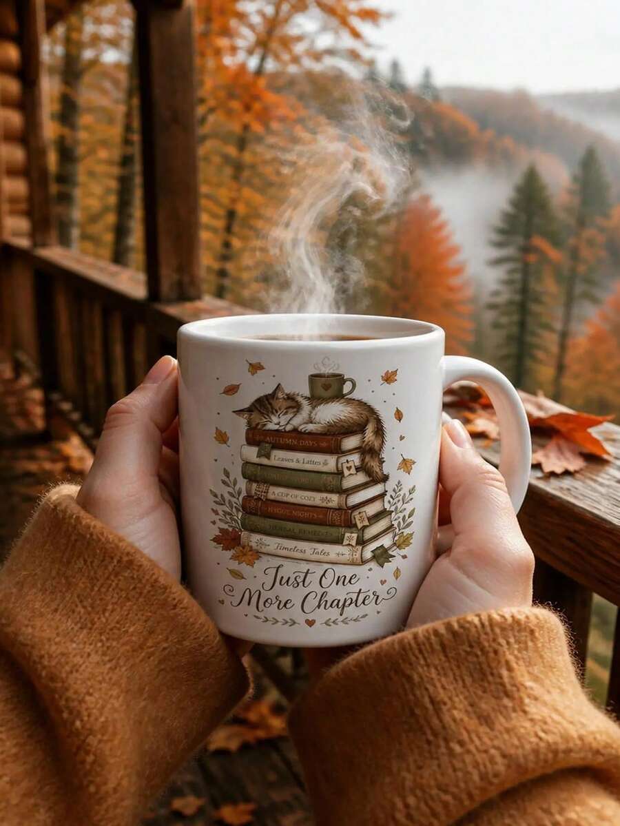 11oz Ceramic Coffee Mug, Reusable, Perfect Gift For Cat And Book Lovers, Christmas/Halloween Gift - Multicolor - View 1