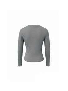 Women's Casual Embroidered Long Sleeve T-Shirt, Regular Shoulder Base Layer Top, Autumn - Grey - View 7
