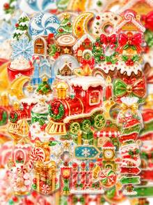 50Pcs Translucent Crystal Candy Christmas Stickers, Jelly‑Candy‑Style Christmas‑Themed Illustrations Mixed With Xmas Train, Candy Shop, Snowflake & Snow Globe Elements, For Journal Collage, Laptop Shell, Gift Wrapping, Photo Album, Locker Decor - Multicolor - View 3