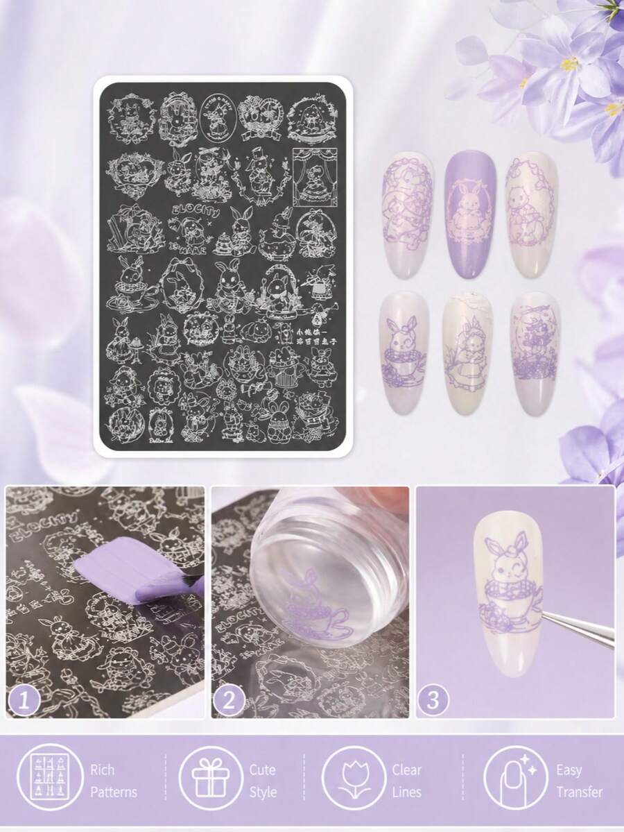 Plat Stempel Seni Kuku Stainless Steel, Pola Gambar Garis Kelinci Dongeng Vintage, Gaya Manis Jepang, Kombinasi Adegan Pesta Teh, Beragam Gaya, Alat Dekorasi Seni Kuku, Cocok Untuk Salon Kuku Untuk Membuat Desain Kuku yang Lucu, Templat Transfer Salon Kuku, Alat DIY Seni Kuku - MultiWarna - View 1