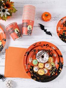 10/24pcs Disposable Paper Tableware Set, Includes 7/9 Inch Disposable Paper Plates, Cups And Napkins, Orange Halloween Theme, Haunted House, Ghost, Pumpkin, Bat And Tombstone Cartoon Patterns, Suitable For Halloween Party Celebration - Halloween Castle - View 5
