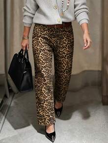 Celana Jeans Denim Wanita Kasual Motif Leopard Model Lurus Pinggang Tinggi Terbaru Musim Gugur/Dingin - Kuning - View 4