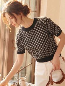 Knit Mix Elegant Women's Autumn/Winter Fashion Daily Home Casual Commuting Temperament French Style Knitted Short-Sleeved Round Neck Loose Pullover T-Shirt Top - Black - View 2