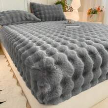 Faux Rabbit Fur Fitted Sheet & 2 Pillowcases Set, 3 Pieces, Super Soft Plush Bedding, Warm And Comfortable For Autumn/Winter, Machine Washable, Fluffy Skin-Friendly, All Season Bedding, Inner Filling Not Included - Dark Grey - View 6