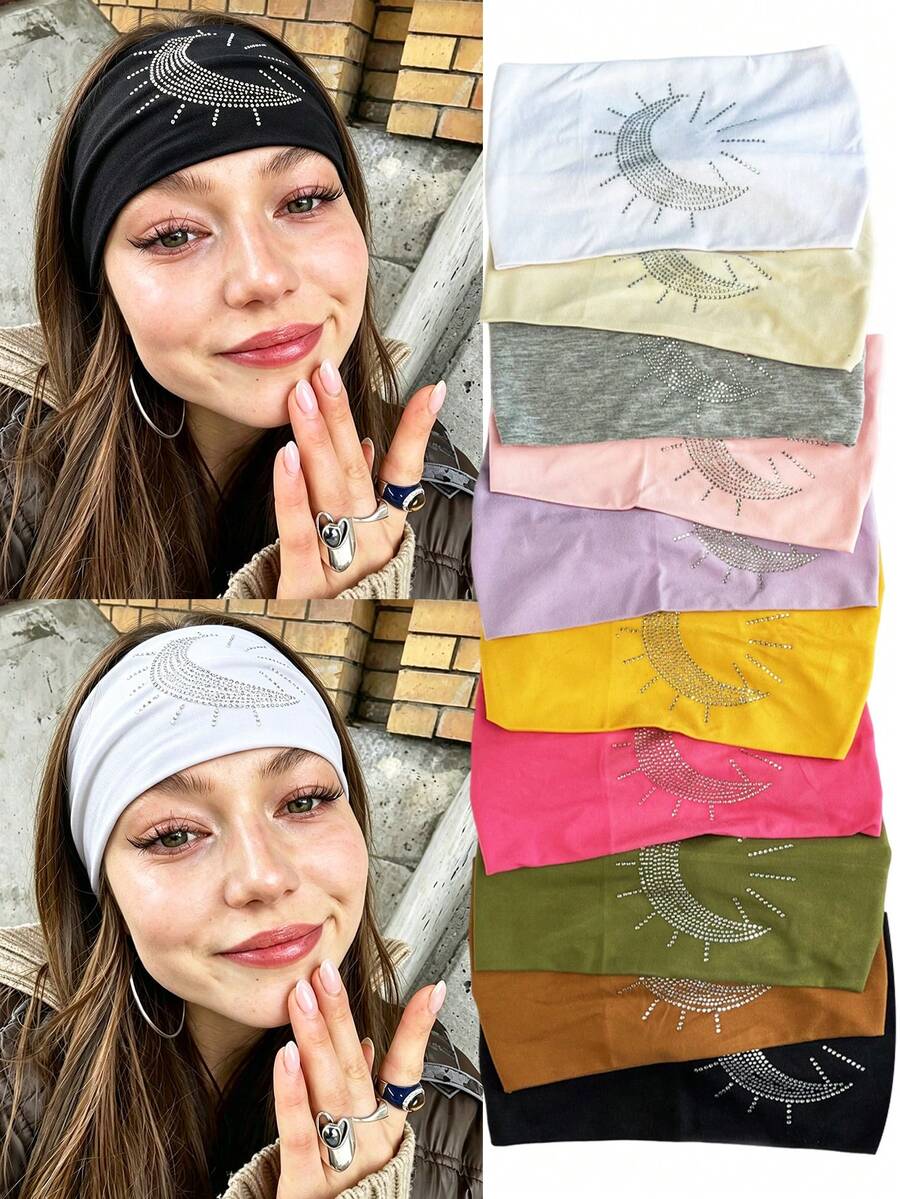 DUOJIAOYAN 1pc New Solid Color Wide Band Heavy Rhinestone Sun & Moon Print Elastic Breathable Sports Headband For Daily Workout Fitness Styling - Multicolor - View 1