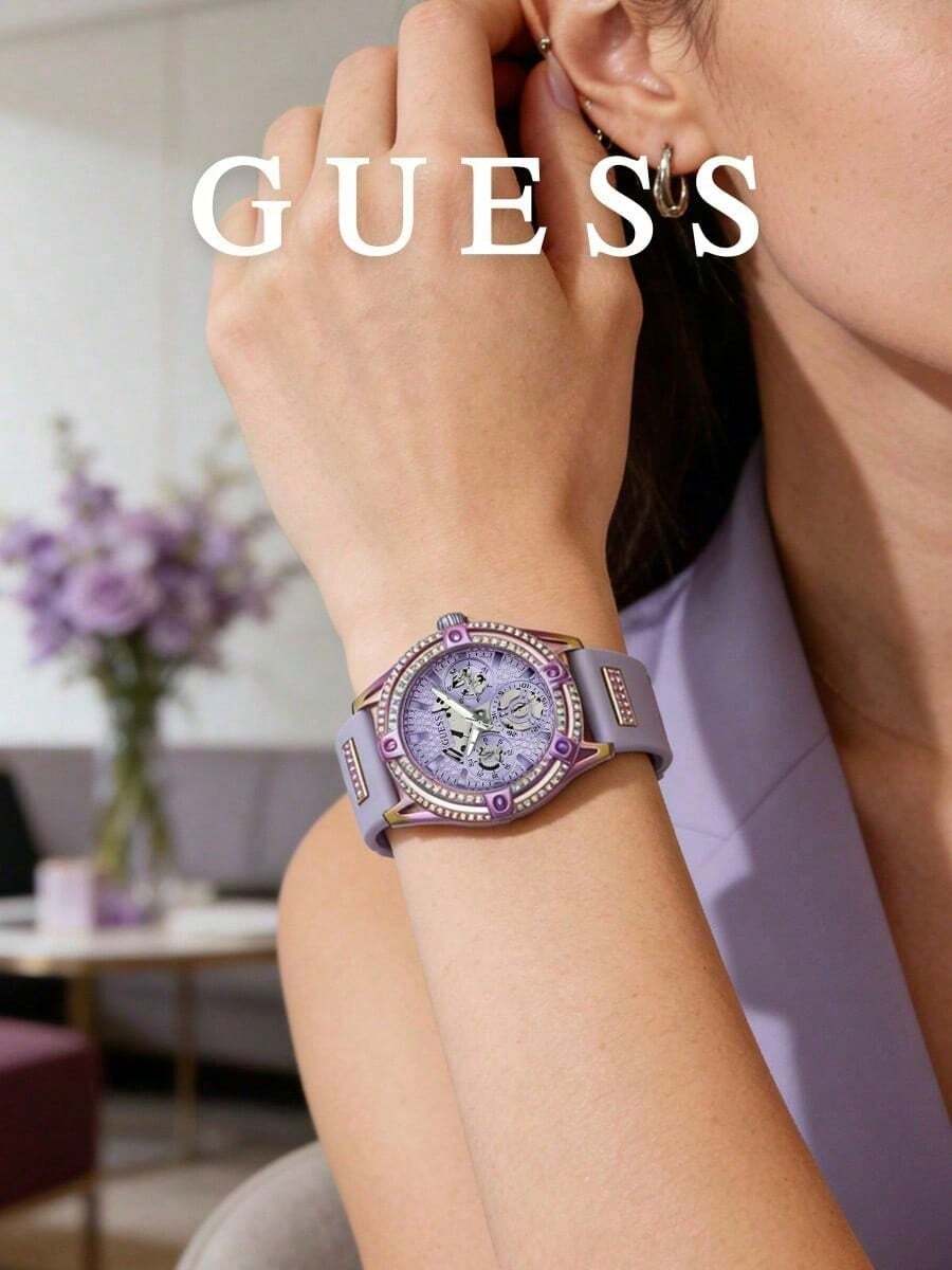 Guess Women's Quartz Chronograph Watch Pastel Purple Gradient Tone Crystal Bezel Silicone Strap Elegant Glamour Sporty Accessory For Social Events - Purple - View 1