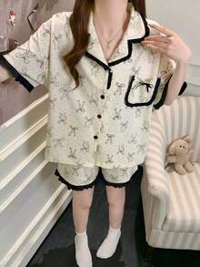 2pcs Women Pajama Set, Bow Print Short Sleeve And Shorts, Casual Comfortable Fashion, Suitable For Spring/Summer Home Wear - Champagne - View 5