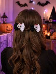 2PCS Halloween Ribbon Hair Bow Clips For Girls, Glitter Decor Hair Barrettes With Skull Ghost Bat Print For Halloween Party,Kids Hair Accessories - Multicolor - View 6