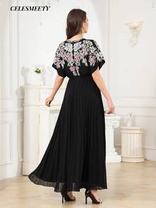 Luxury Royal Style Computer Sequin Beaded Embroidered Ball Gown, Elegant Black Striped Chiffon Batwing Sleeve Dress - Black - View 7