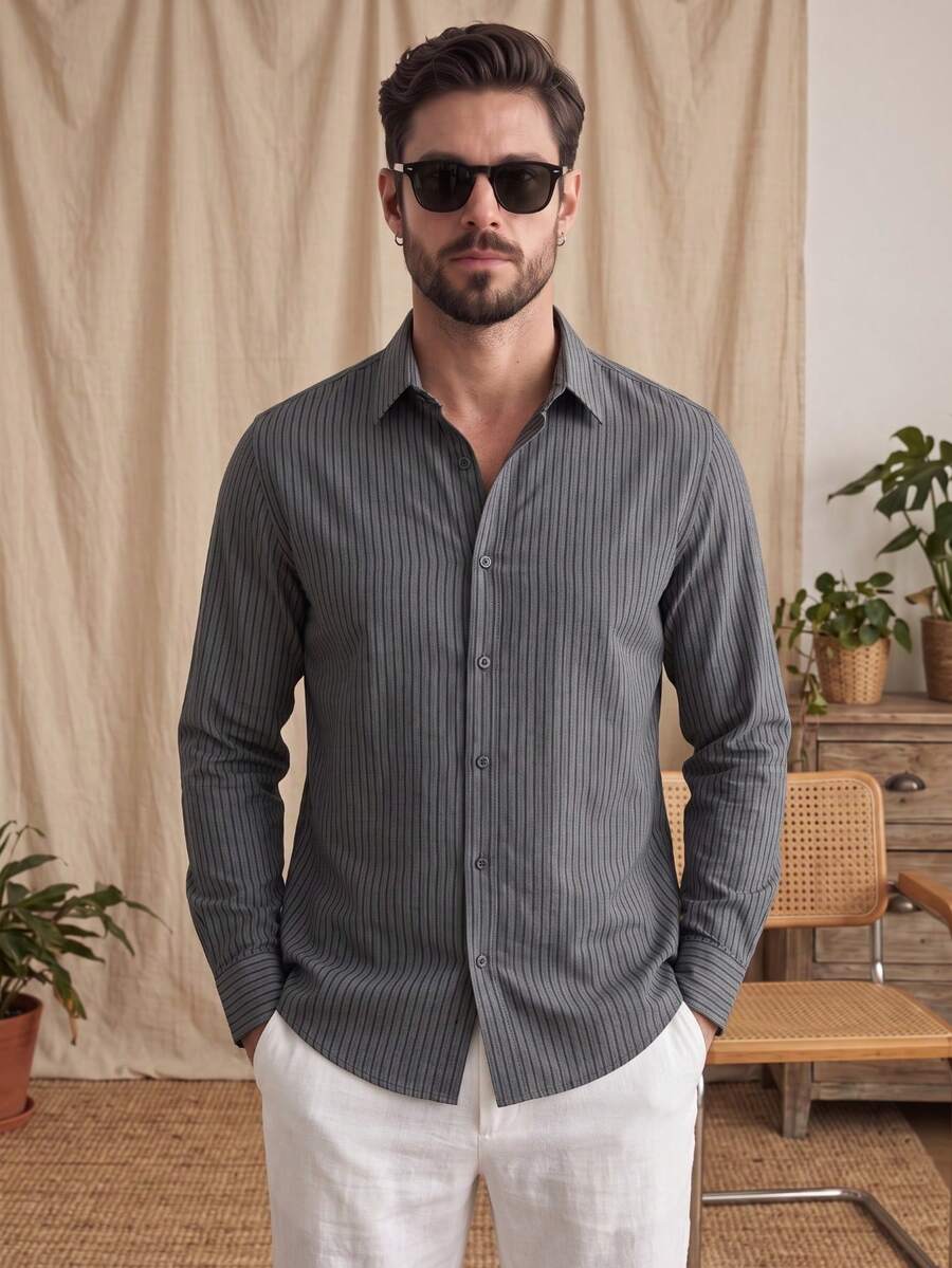 LOOKUN Men's Unisex Old Money Style Slim Fit Long Sleeve Polo Collar Striped Shirt, Business Casual Commute Versatile Spring Summer - Navy Blue - View 1