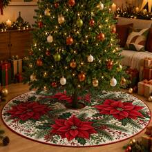 1pc Christmas Flower Pattern Christmas Tree Skirt, Elegant Color Holiday Decor, 5 Sizes, Unisex Holiday Gift, Suitable For Home And Party Christmas Home Decoration - Christmas Flower - View 4
