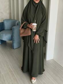 Set Abaya 2 Potong untuk Wanita Muslim, Gaun Panjang Bertekstur Kerut dengan Hijab Senada, Jubah Lengan Panjang Longgar yang Sopan - MultiWarna - View 38