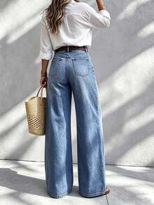 Women's Casual Elegant Denim Wide Leg Pants, Button Decor, Long Length, Mid-Stretch Fabric, Suitable For Spring And Autumn Daily Wear - Medium Wash - View 4
