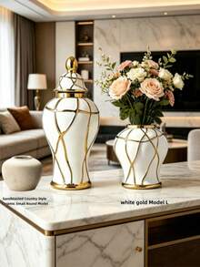 Random Color European Luxury Creative Electroplated White Ceramic Vase, High-End Ceramic Indoor Home Decor, Living Room, Dining Table And Office Desk Ornament, Suitable For Floral Arrangement - Platinum - View 2