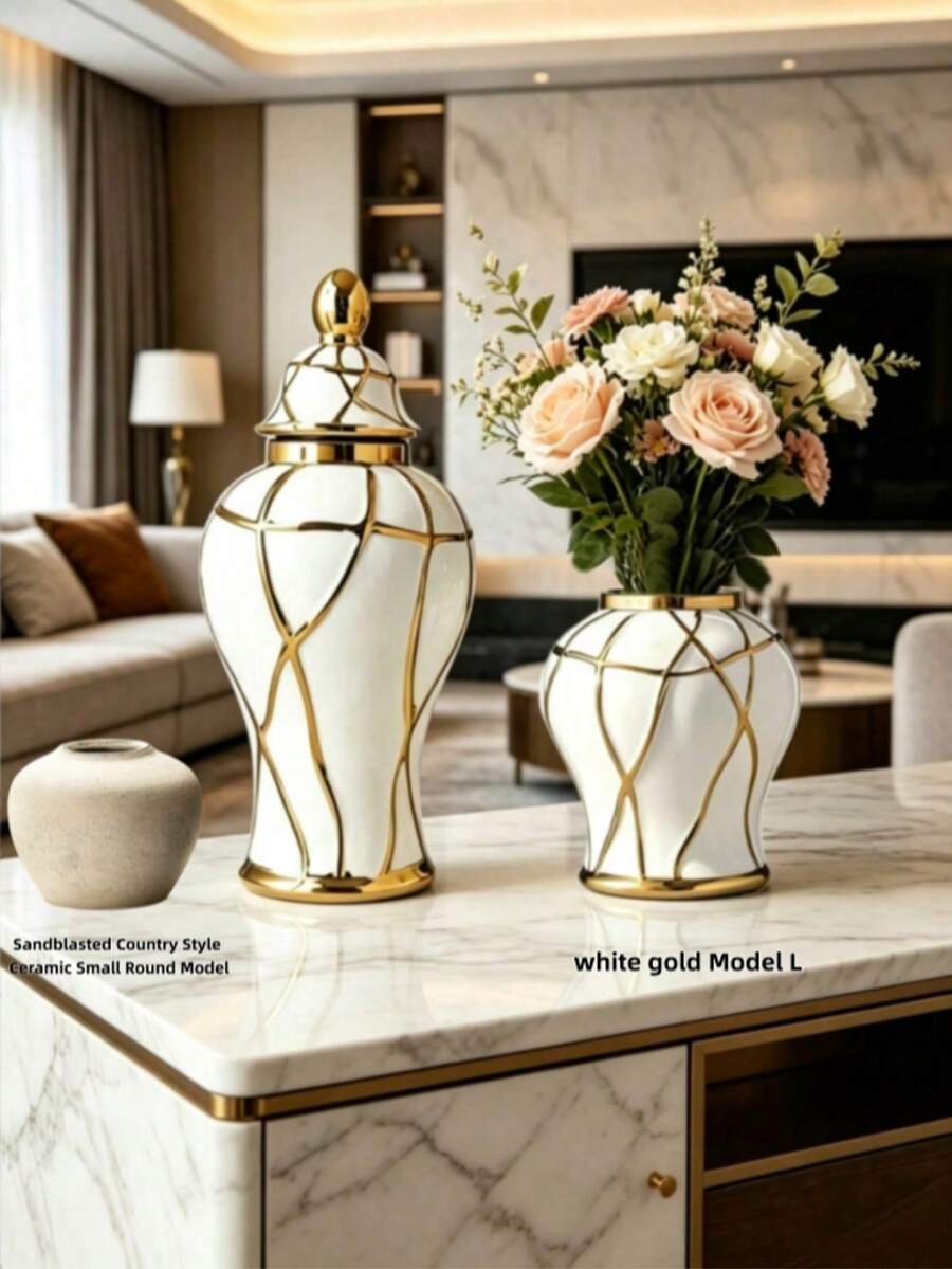 Random Color European Luxury Creative Electroplated White Ceramic Vase, High-End Ceramic Indoor Home Decor, Living Room, Dining Table And Office Desk Ornament, Suitable For Floral Arrangement