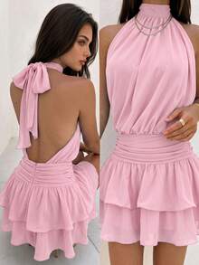 Elegant Fashion Pink Halter Neck Backless Layered Ruffle Mini Dress Wedding Party Fall - Pink - View 9