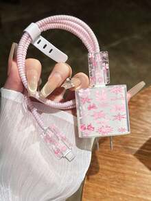 Pink Bow & Snowflake Girly Style Full Print Pattern Charger Cable Protector, Compatible With IPhone 14 Pro Max, Suitable For 18/20W Fast Charging Cable Winder, Anti-Breakage & Anti-Tangle Storage Protector, Gift For Boyfriend/Girlfriend, Compatible With IPhone 13/12/11 - Multicolor - View 2