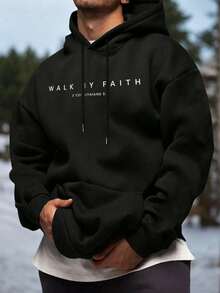 Hoodie Pria Motif Retro Musim Gugur/Dingin, dengan Cetakan Tulisan "Walk By Faith", Sweatshirt Pullover Kasual Longgar dengan Kantong Kanguru - Hitam - View 6