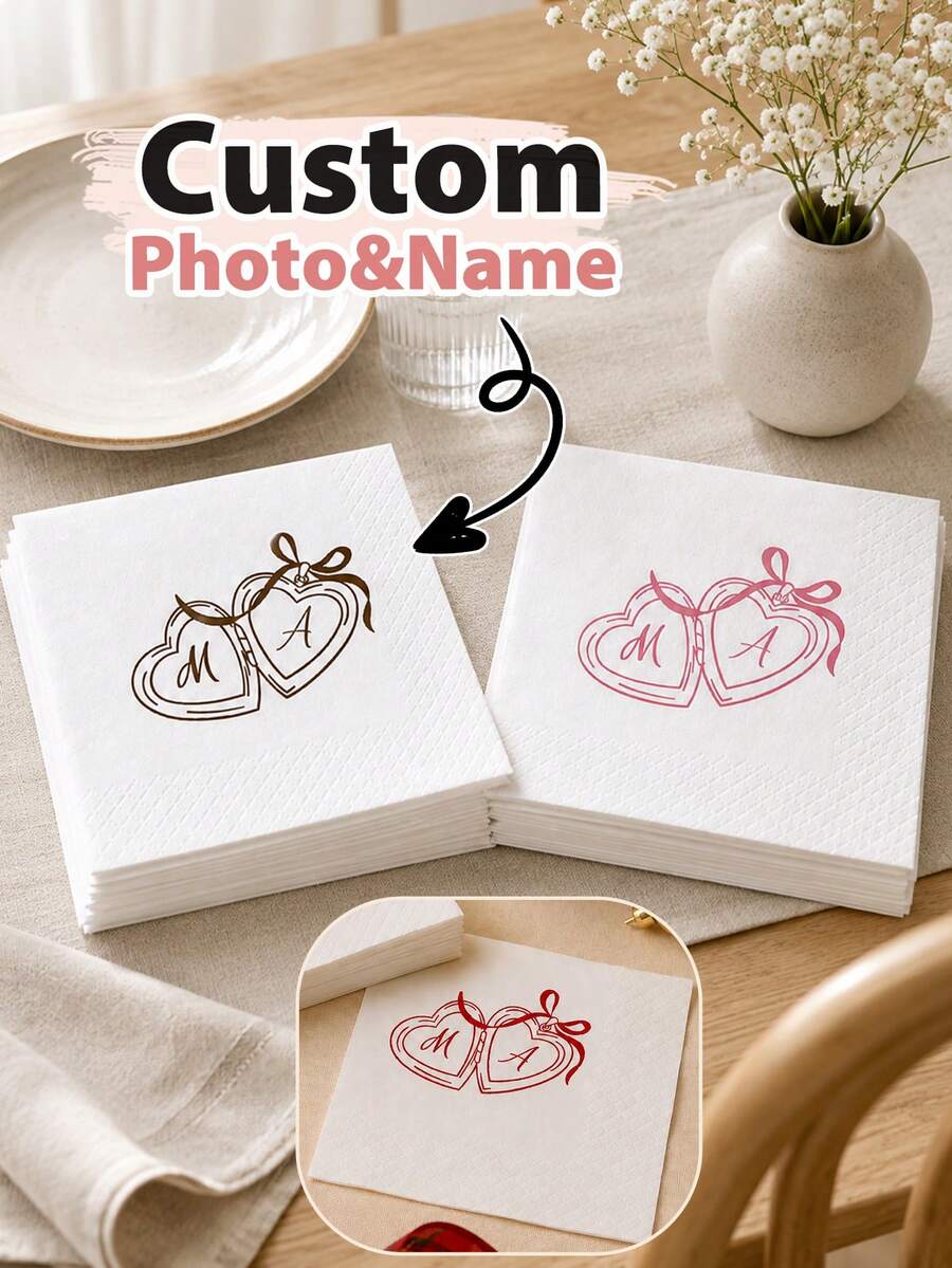 Custom Photo White Cocktail Napkins, Romantic Heart Monogram Table Decor, Personalized Wedding Engagement Anniversary Party Supplies, Elegant Christmas Dinner Accent, Customized Text & Picture Celebration Favor, Customizable Holiday Gift For Couples - Style F - View 1