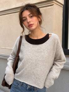Sweater Rajut Lengan Panjang Wanita, Potongan Longgar, Kerah Bulat, Panjang Reguler untuk Pemakaian Sehari-hari di Musim Gugur dan Musim Dingin, Atasan Kain Rajut Lembut dengan Elastisitas Sedang - Aprikot - View 6
