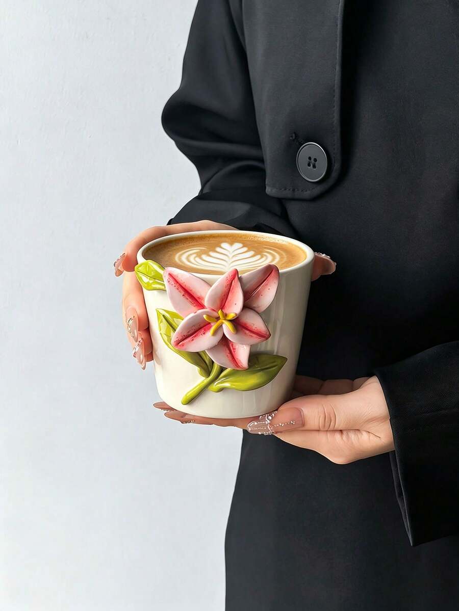 1pc Exquisite Hand-Sculpted Ceramic Coffee Mug, INS Style Highly Attractive 3D Embossed Pink Lily Coffee Cup, Aesthetic Healing Mug, Personalized Saudi National Day Gift, Ramadan, New Year Gift, Commercial Use