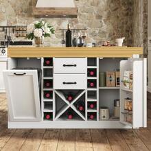 360° Rotating Kitchen Island With 120–223 Cm Storage, Removable Wine Rack, Trash Can Holder, And Side Snack Shelves, White/Black - White - View 5