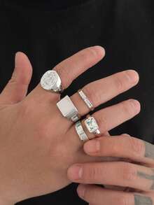 5pcs Vintage Style Unisex Ring Set, Gold Coin Stamp & Rhinestone Design, Punk Luxury Multi-Layer Stackable Index Finger Rings Accessories - Silver - View 3
