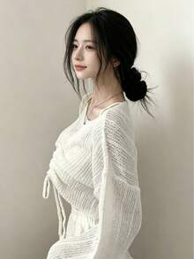 YCYC Women's Korean Style Gentle Design Drawstring Soft Knit Top - Beige - View 3