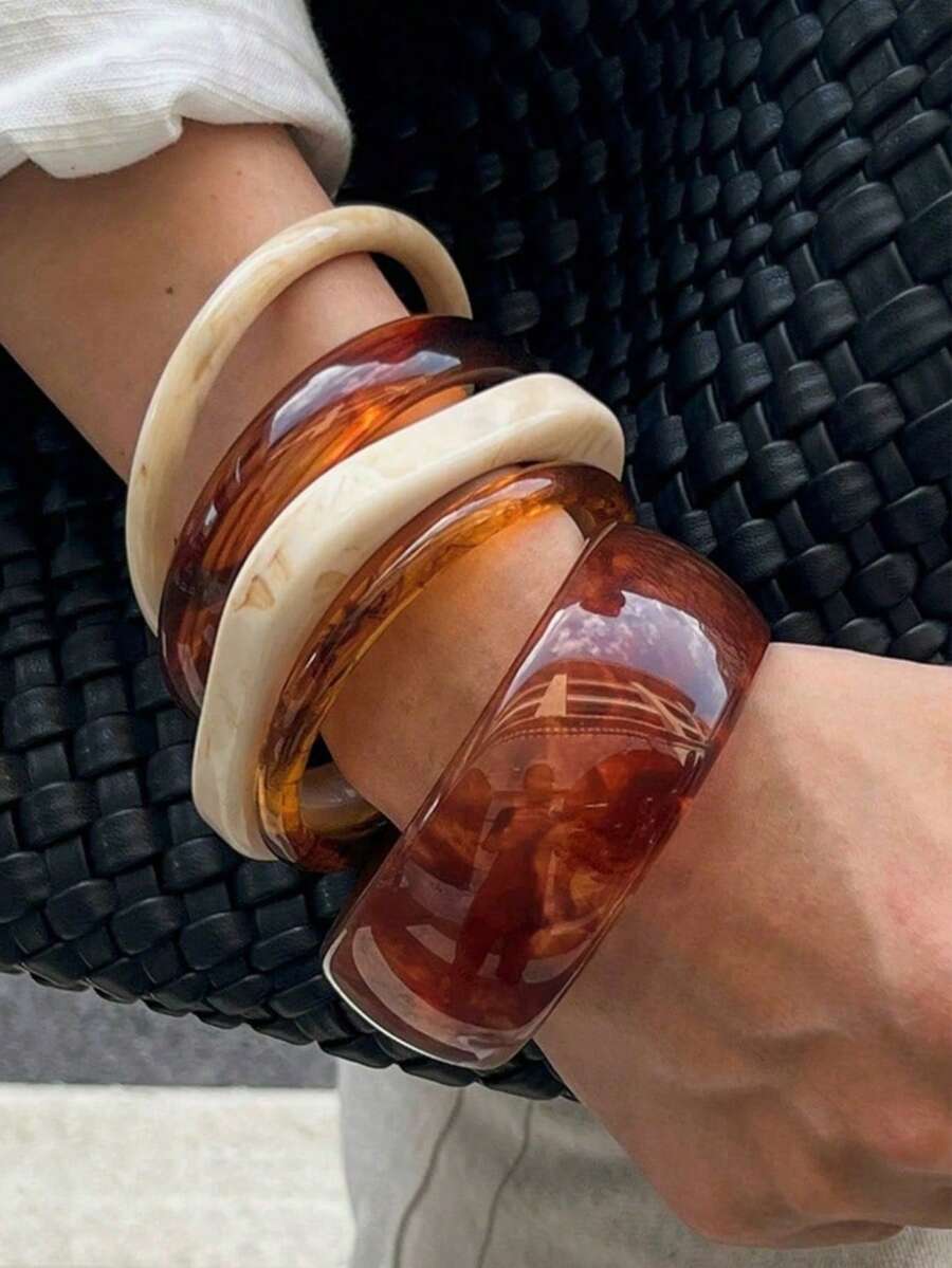 5件/1套乳白色與棕色大理石紋樹脂手鐲組，經典百搭女款飾品，適合派對、度假，適合作為珠寶禮物 - 彩色 - 查看 1