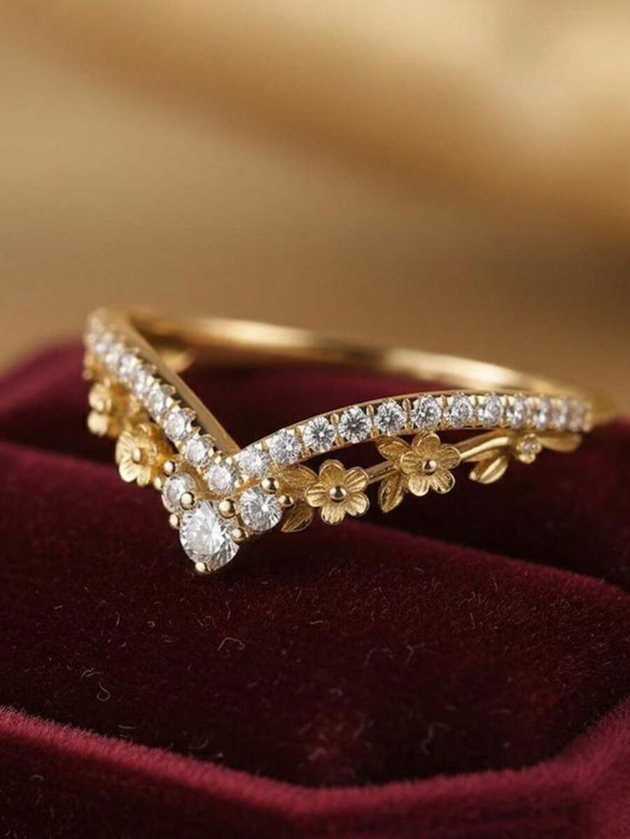 1pc Women's Size Ring, Gold Copper Inlaid CZ Elegant Exquisite V-Shaped Flower Ring, Daily Holiday Date Matching, Jewelry Gift - Gold - View 1