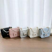 1pc Girls Solid Color PU Magnetic Closure Fashion Pearl Handbag Small Square Bag Chain Crossbody Bag Suitable For All Seasons Daily Use - A - View 3