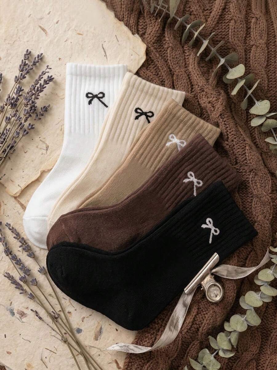 5 Pairs Kids Maillard Color Palette Bowknot Minimalist Small Pattern Autumn Winter All Season High Elastic Mid-Calf Sports Solid Color Socks - Multicolor - View 1