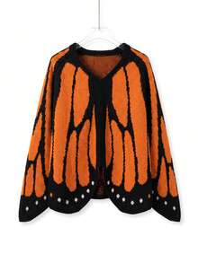 Women's Contrast Monarch Butterfly Full Wing Design Fall/Winter Casual Fashion Loose Long Sleeve Sweater Cardigan – Halloween Party Holiday Wear - Multicolor - View 3