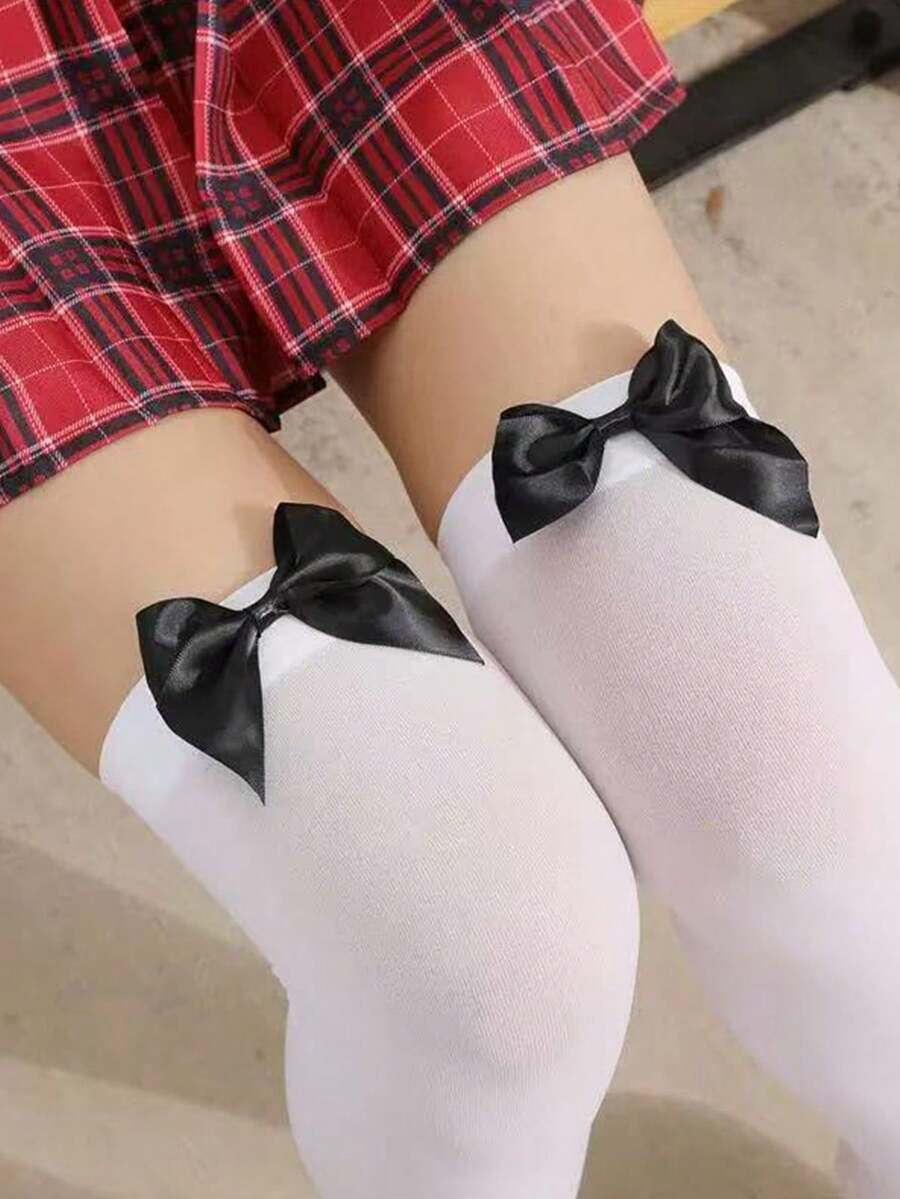 萬聖節純色蝴蝶結絲襪,聖誕裝飾,角色扮演服裝派對 - 白色 - 查看 1