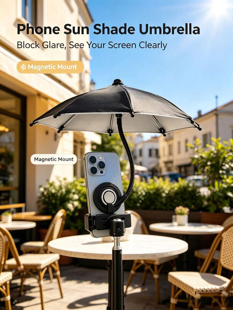 Magnetic Phone Sunshade Umbrella With Flexible Bendable Pole, Mini Foldable Outdoor Phone Umbrella Holder, Sun Protection, Heat Insulation And Rainproof, Essential Portable Accessory For Summer Cycling, Travel And Daily Outdoor Use - Multicolor - View 1